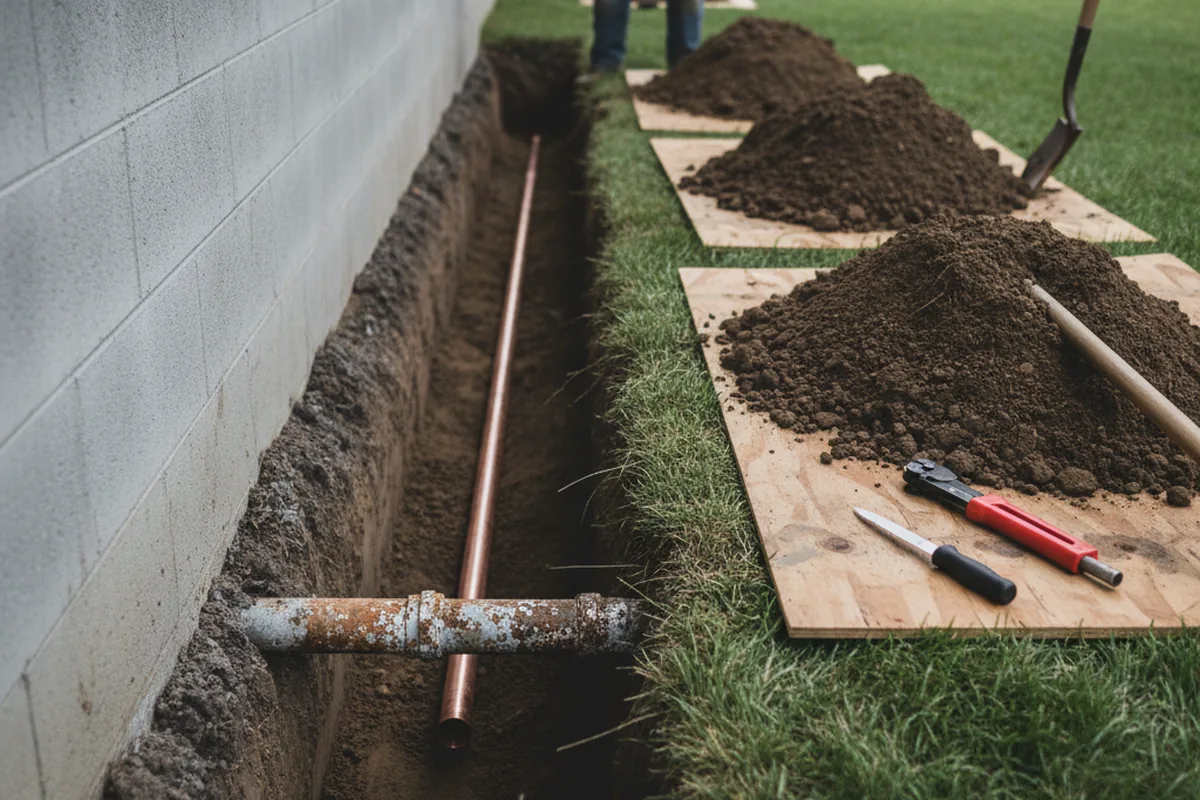 Excavated water line trench during Water Softener Installation in Barrington
